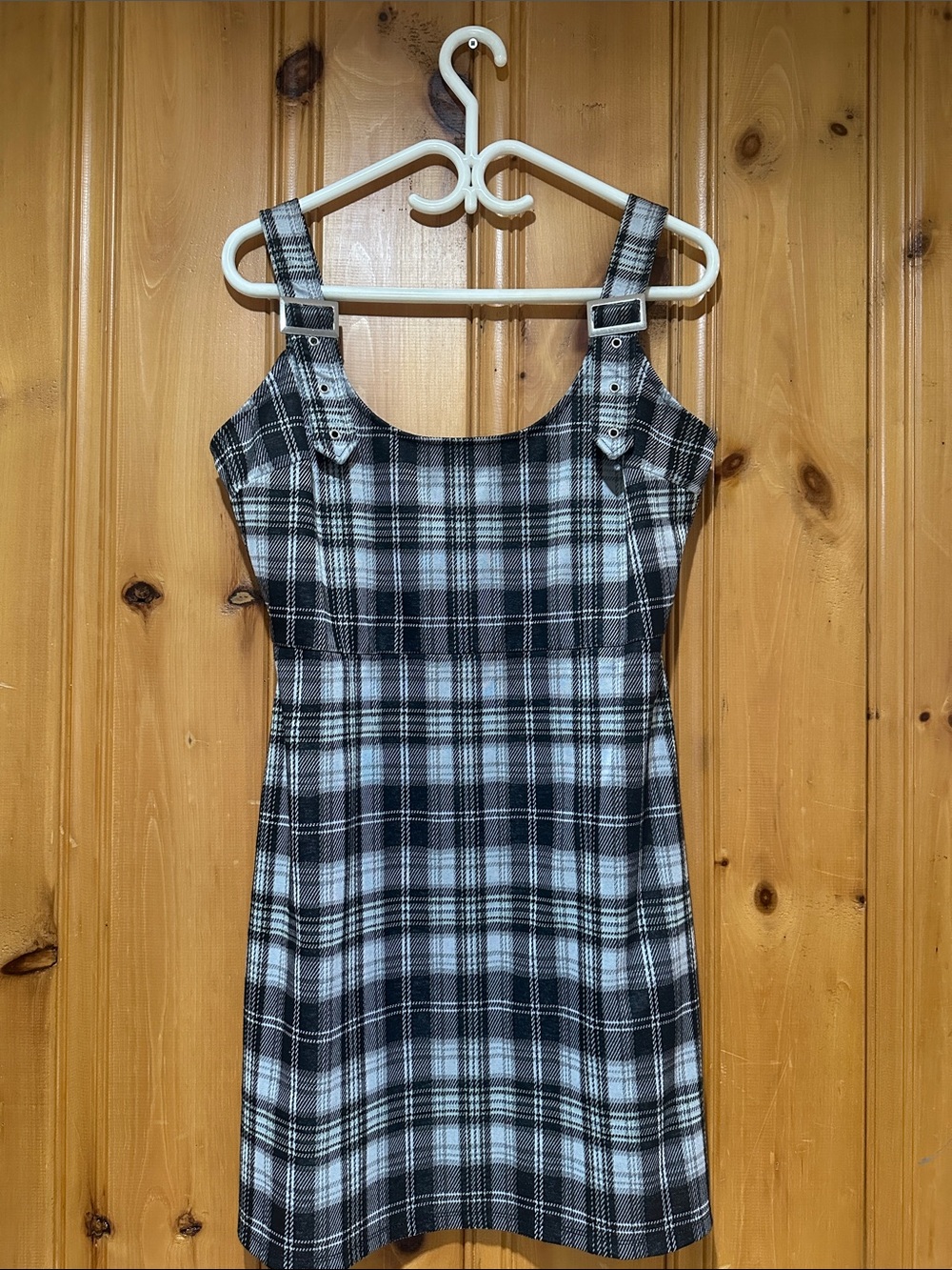 Ardene Black and White Plaid Mini Dress with Buckle Straps